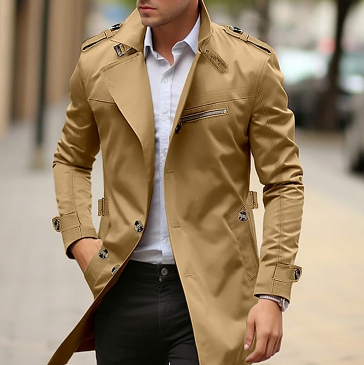 Men's classic trench jacket in navy blue, a versatile long coat for elegant spring outerwear and fashion.