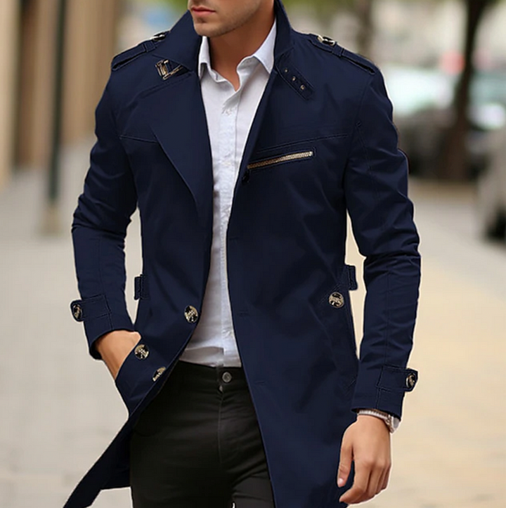 Tailored brown men's trench coat with classic details, elegant long jacket for versatile spring fashion.