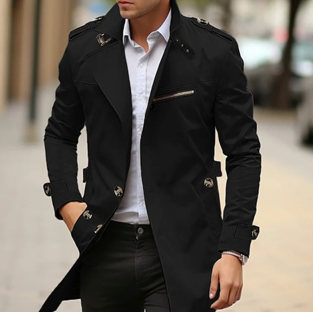 The sophisticated men's trench coat, a tailored long jacket for timeless spring outerwear and classic fashion.