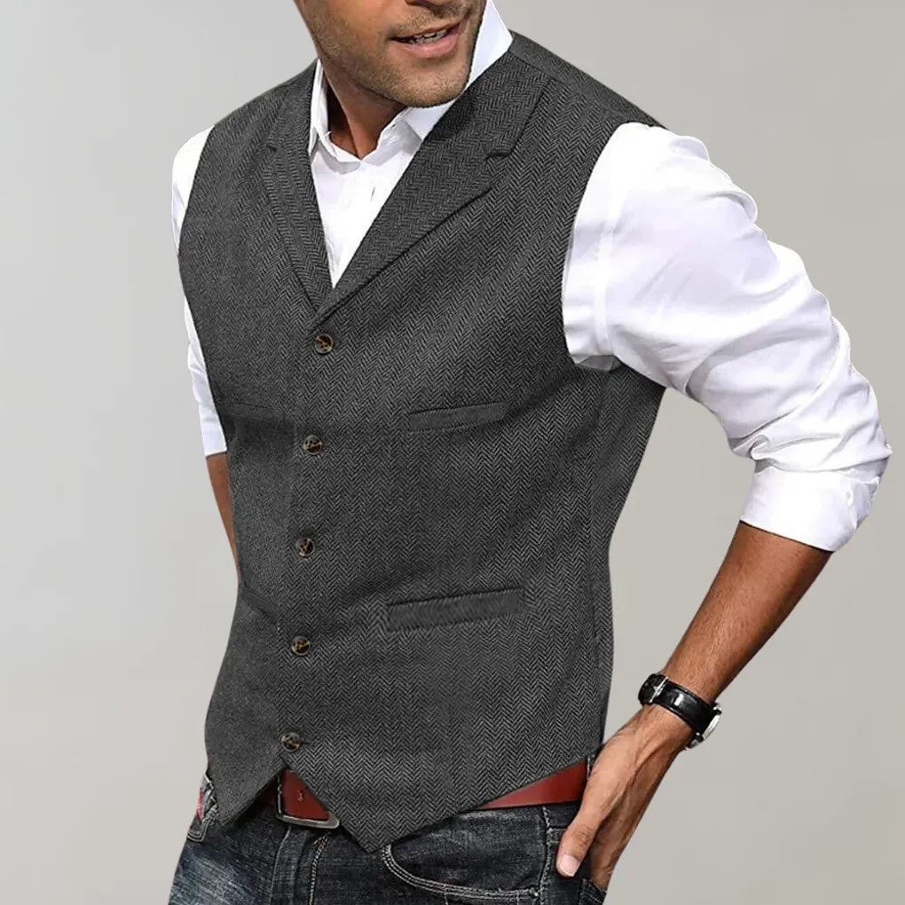 Men's navy blue formal dress vest with buttons, perfect for a wedding outfit or business attire