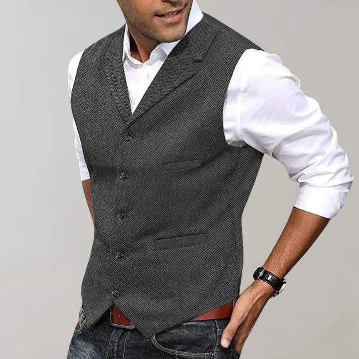 Men's navy blue formal dress vest with buttons, perfect for a wedding outfit or business attire
