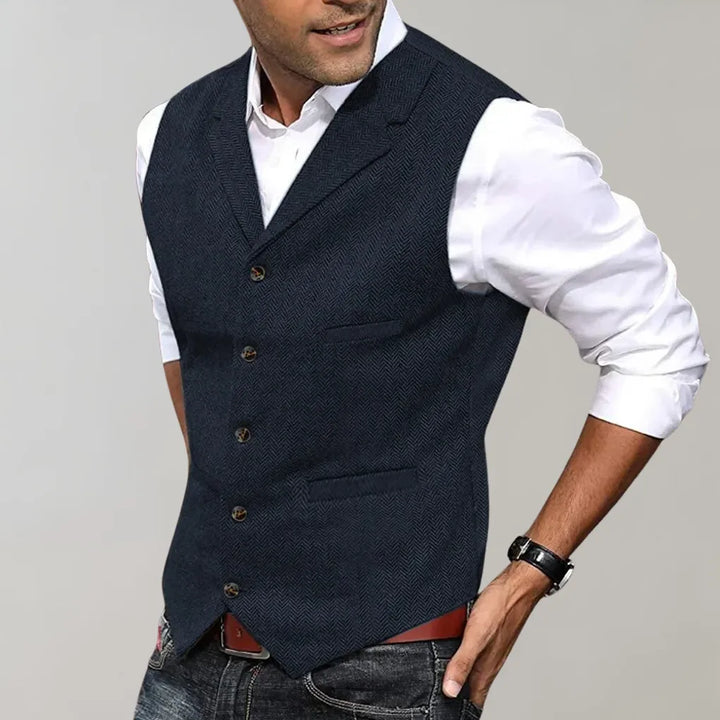 Full view of a men's tweed vest, a classic suit accessory adding sophistication to formal wear