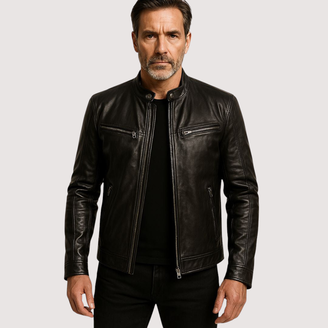 Men's classic black genuine leather biker jacket with zip closure, front view
