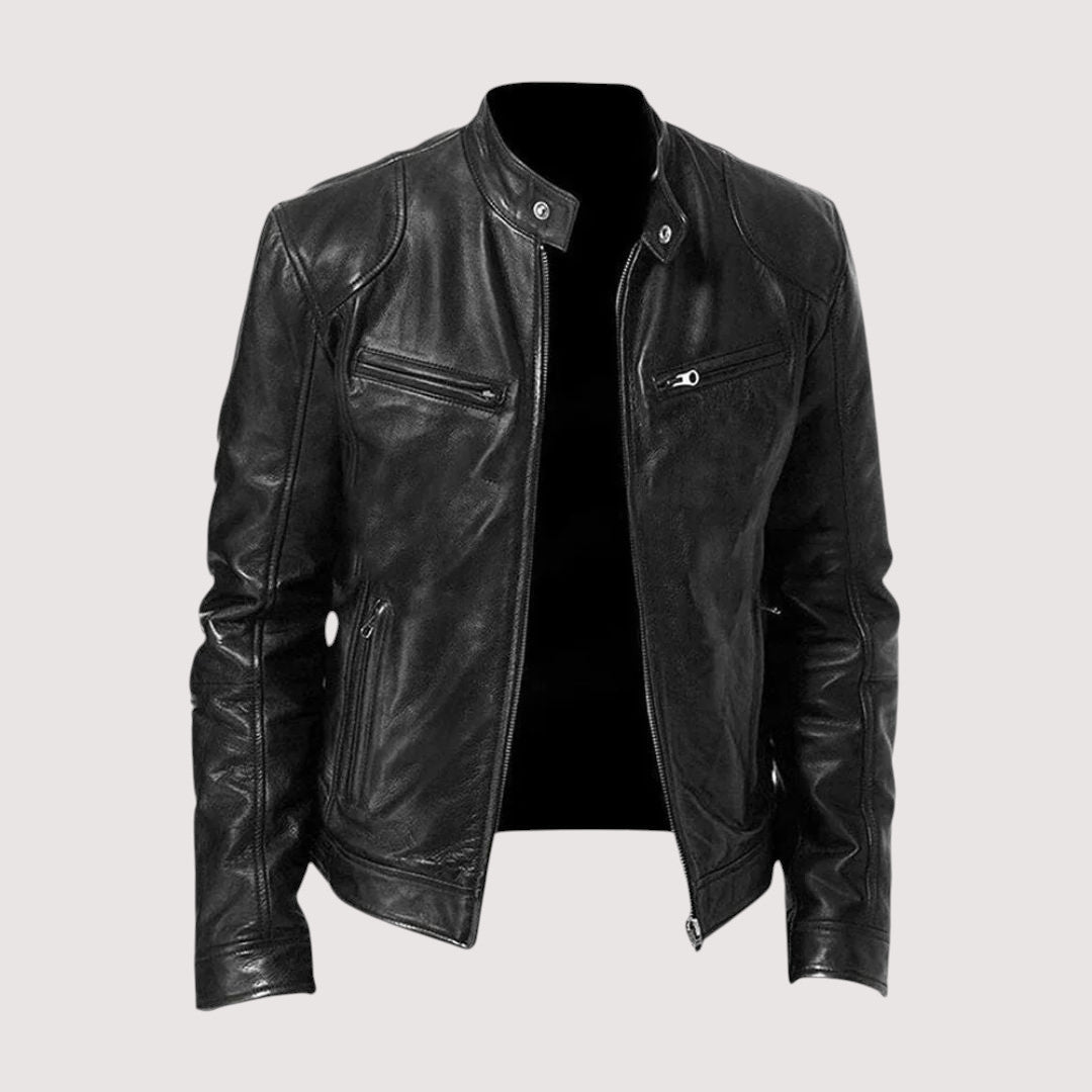 Stylish men's premium genuine leather jacket, perfect for motorcycle enthusiasts, side view