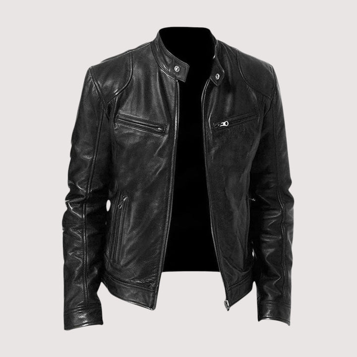 Stylish men's premium genuine leather jacket, perfect for motorcycle enthusiasts, side view