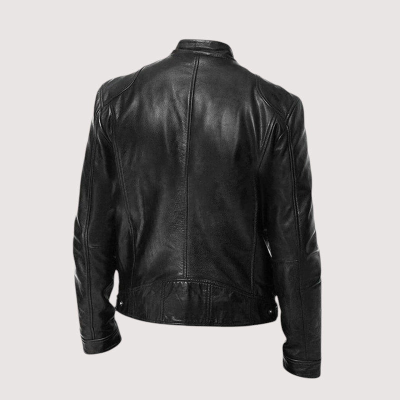 Close-up of the texture of a men's genuine leather outerwear jacket, black