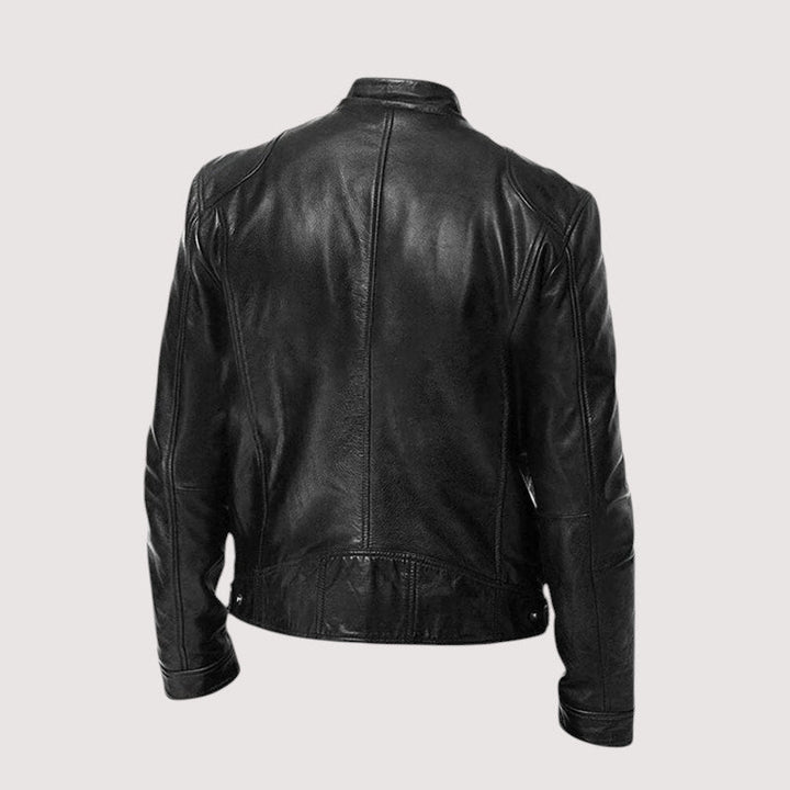 Close-up of the texture of a men's genuine leather outerwear jacket, black