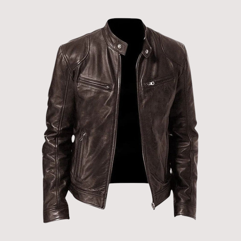 Back view of a men's genuine leather biker jacket, showcasing its tailored fit