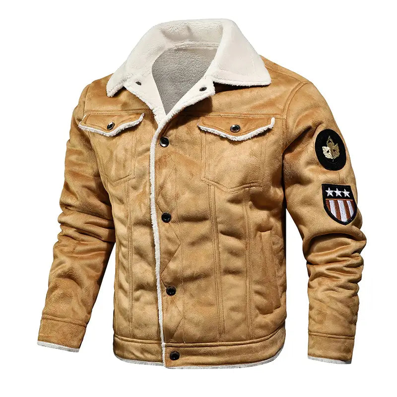 Elegant men's beige leather jacket, stylish outerwear. Classic design, comfortable and versatile for any season.