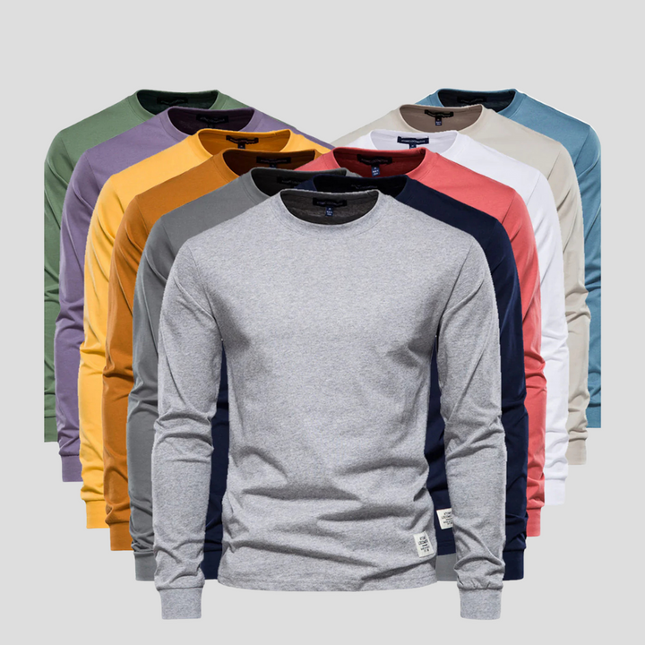 Men's classic black long-sleeved round-neck shirt. Everyday casual wear, comfortable relaxed fit.