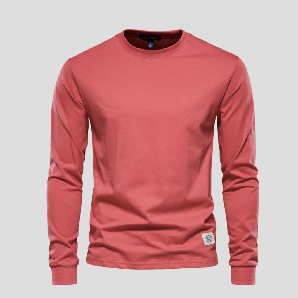 Modern men's long-sleeve round-neck shirt in white. Classic, relaxed fit for everyday casual style.