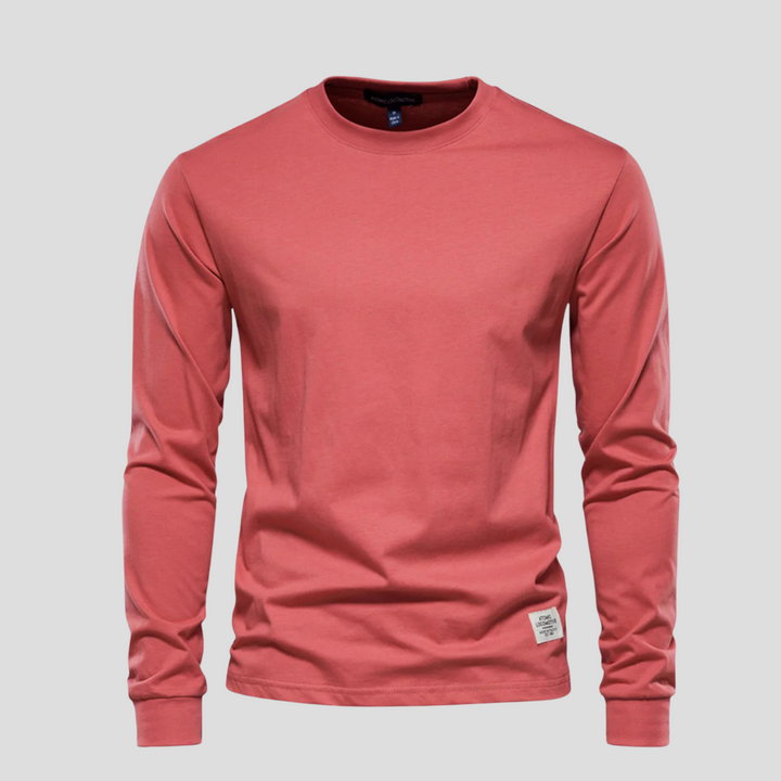 Modern men's long-sleeve round-neck shirt in white. Classic, relaxed fit for everyday casual style.