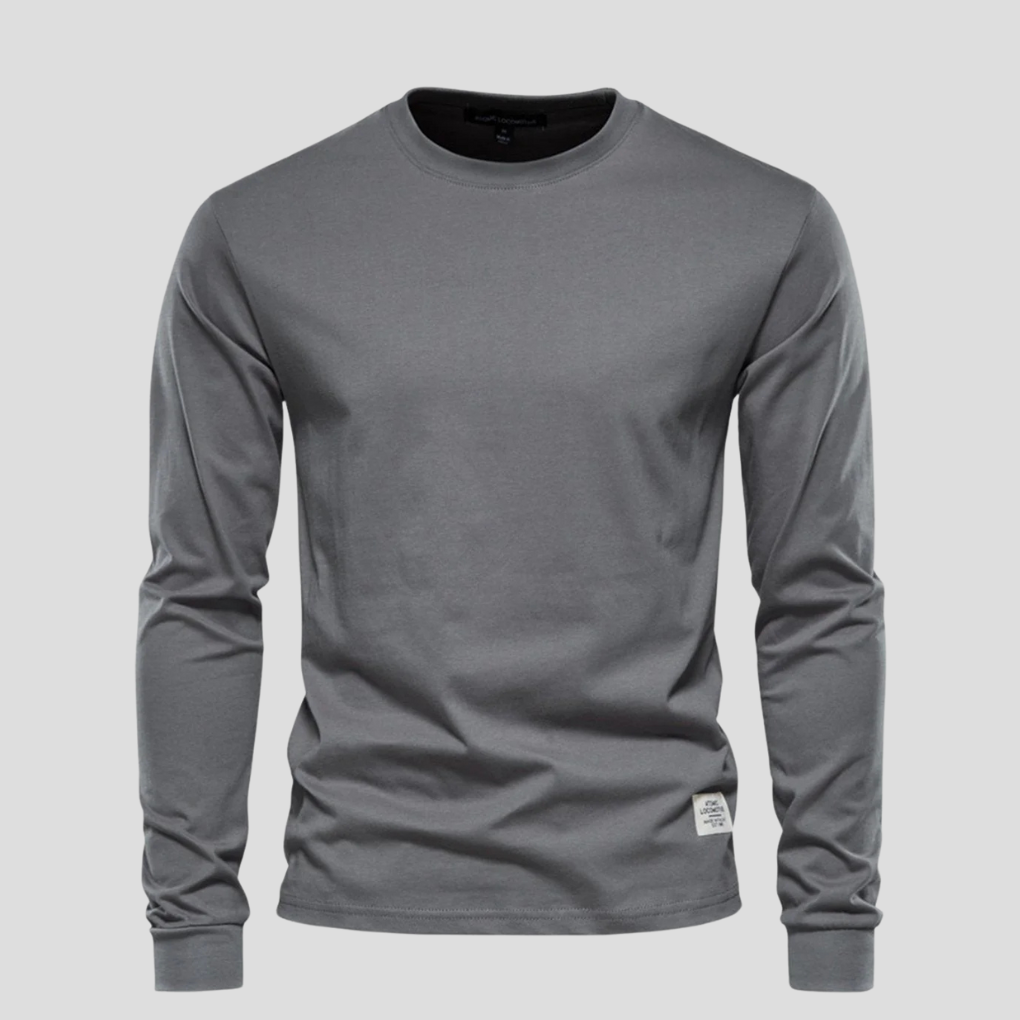 Simple men's long-sleeve round-neck shirt. Modern basic design for comfortable daily styling.
