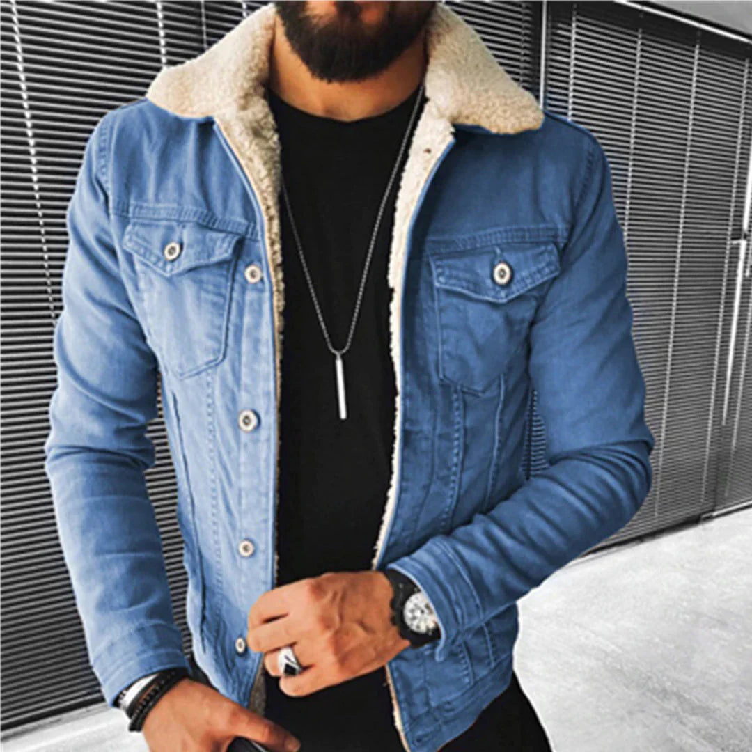 Classic men's cotton denim jacket featuring a timeless design, versatile button-up closure for daily wear.