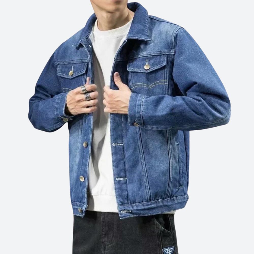 Men's classic blue denim jacket with a timeless design, perfect for stylish everyday wear & versatile layering.