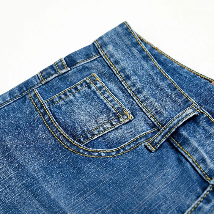 Timeless men's blue wash denim shorts. Straight leg, five-pocket, and comfortable for any casual summer occasion.