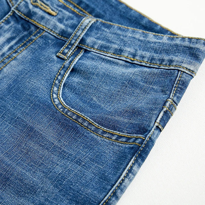 Essential men's straight leg denim shorts. Classic blue wash, comfortable five-pocket for casual styling.