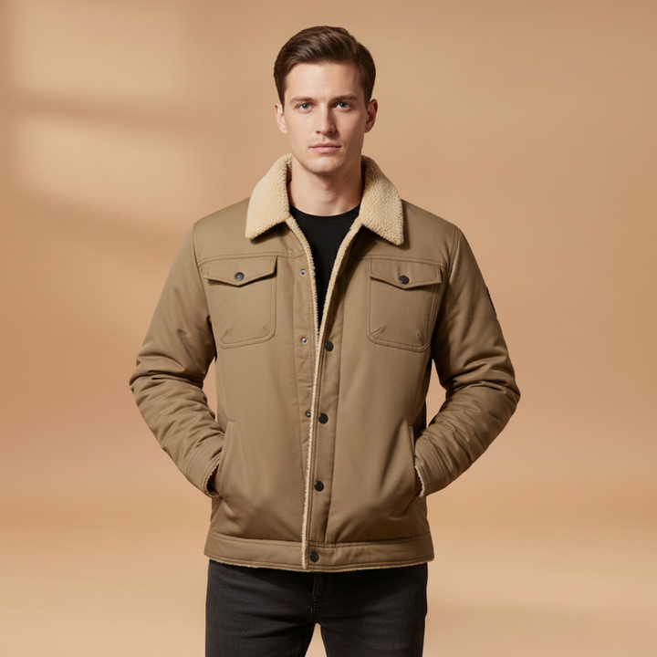 Comfortable men's casual bomber jacket with a ribbed collar and front zip. Versatile everyday menswear.