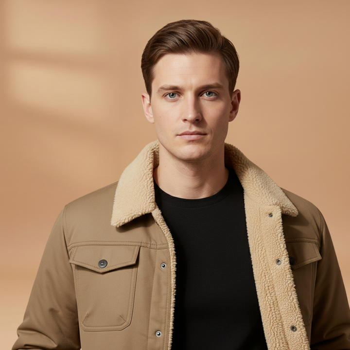 Man wearing a classic bomber jacket, ideal for everyday style & comfort. Versatile men's outerwear.