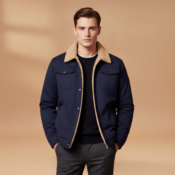 Men's casual bomber jacket featuring a ribbed collar & front zip. Essential men's outerwear for comfort & style.