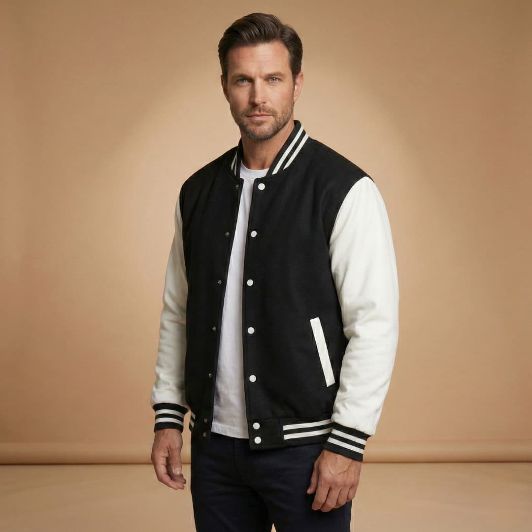 Versatile men's seasonal bomber jacket. Classic design, snap front, ribbed trim. Ideal casual outerwear.