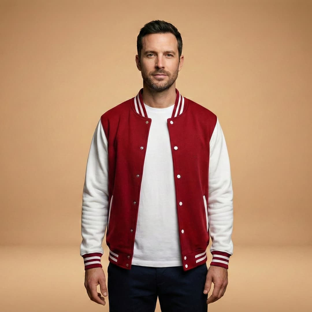 Fashionable men's classic bomber jacket with snap front closure & ribbed detailing. Trendy casual outerwear.