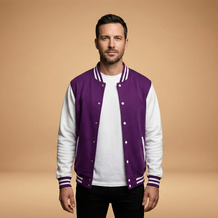 Close-up of men's bomber jacket showcasing ribbed cuffs, hem & snap buttons. Durable, stylish casual wear.