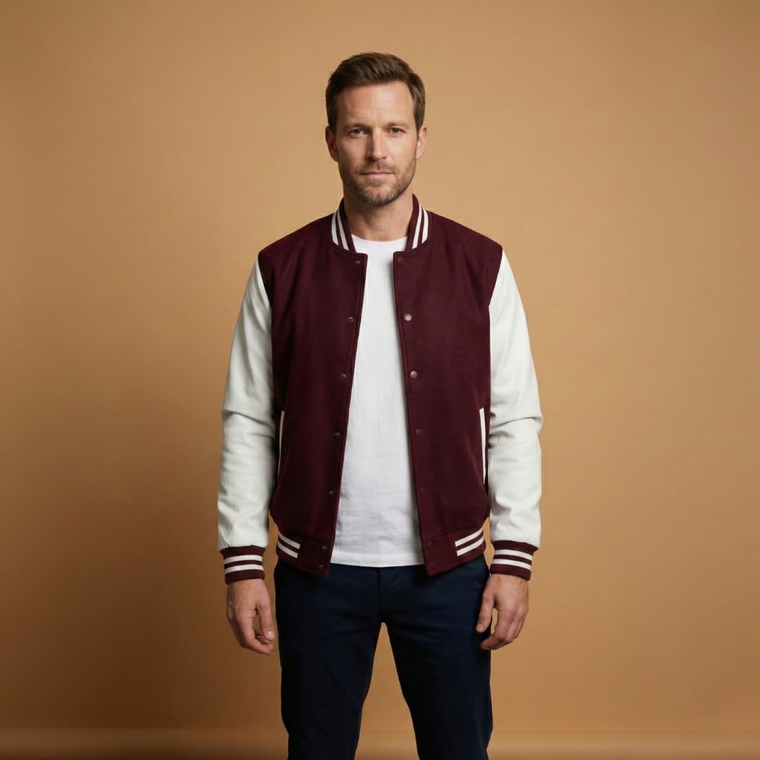 Man wearing a classic snap-front bomber jacket, featuring ribbed cuffs & hem. Stylish men's casual outerwear.