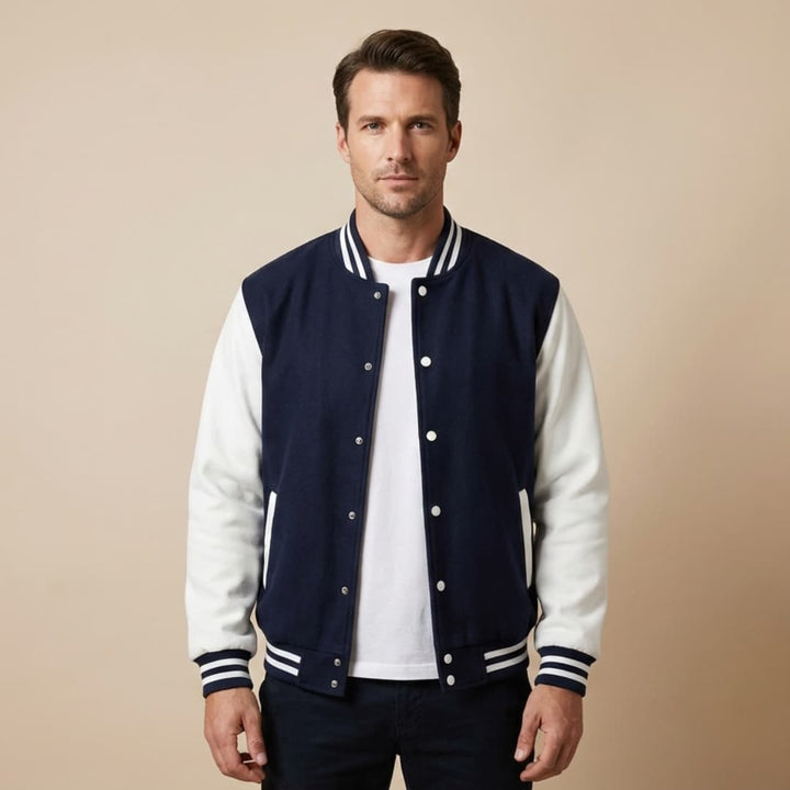 Men's modern classic bomber jacket, snap closure & ribbed elements for a sleek look. Versatile outerwear.
