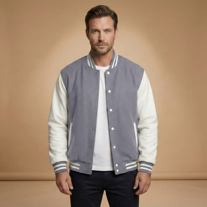 Essential men's bomber jacket: classic design, snap front, ribbed collar, cuffs & hem. Casual fashion staple.