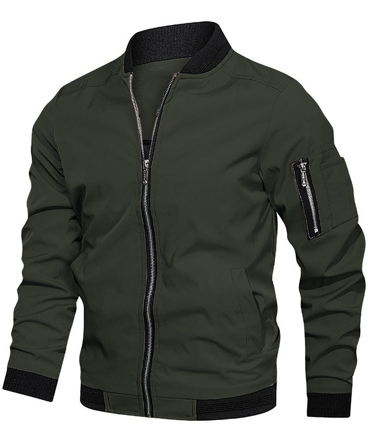 Durable men's bomber style jacket, a timeless outerwear essential featuring a practical sleeve zip pocket.