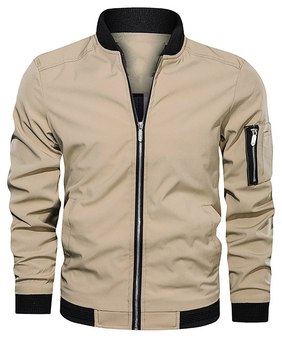 Men's bomber jacket with practical sleeve zip pocket, offering comfort and style for casual wear.