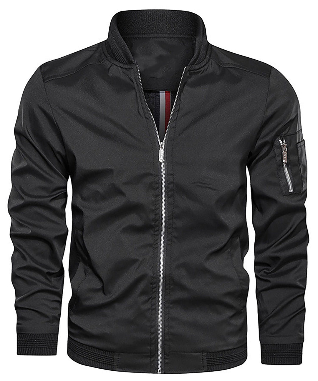 Mens stylish bomber jacket with unique sleeve zip pocket, a versatile outerwear choice for modern men.