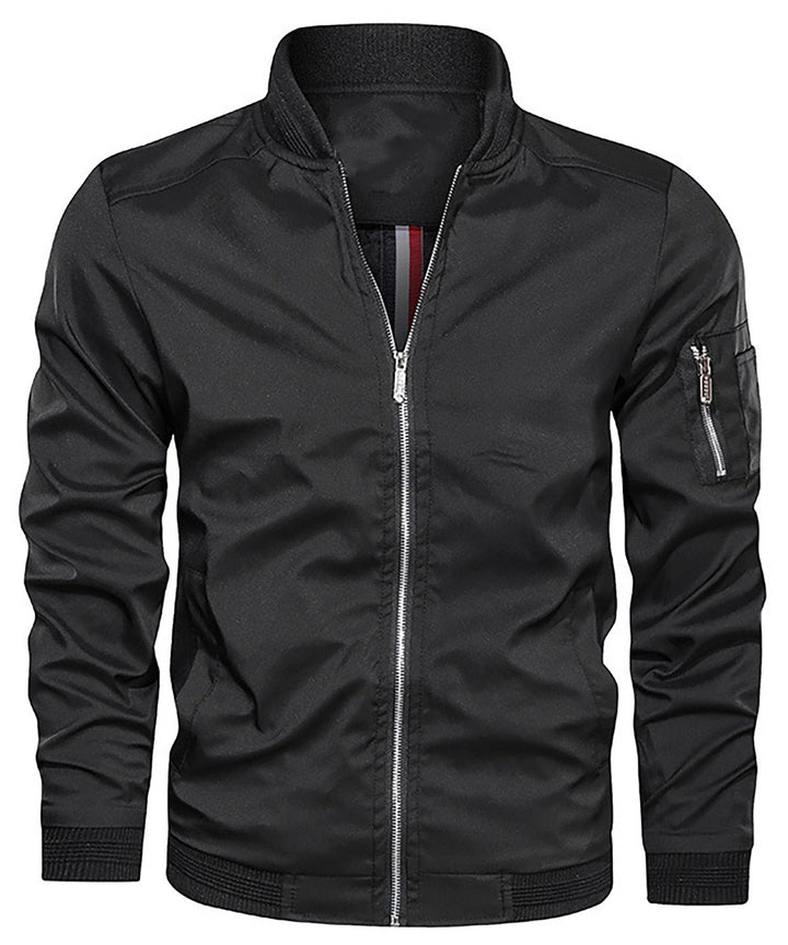 Mens stylish bomber jacket with unique sleeve zip pocket, a versatile outerwear choice for modern men.