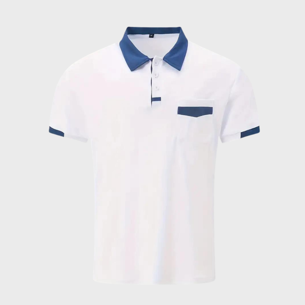 Close-up of the embroidery on a men's classic breathable polo shirt, polyester, short sleeve