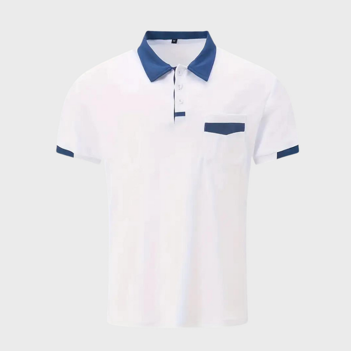 Close-up of the embroidery on a men's classic breathable polo shirt, polyester, short sleeve
