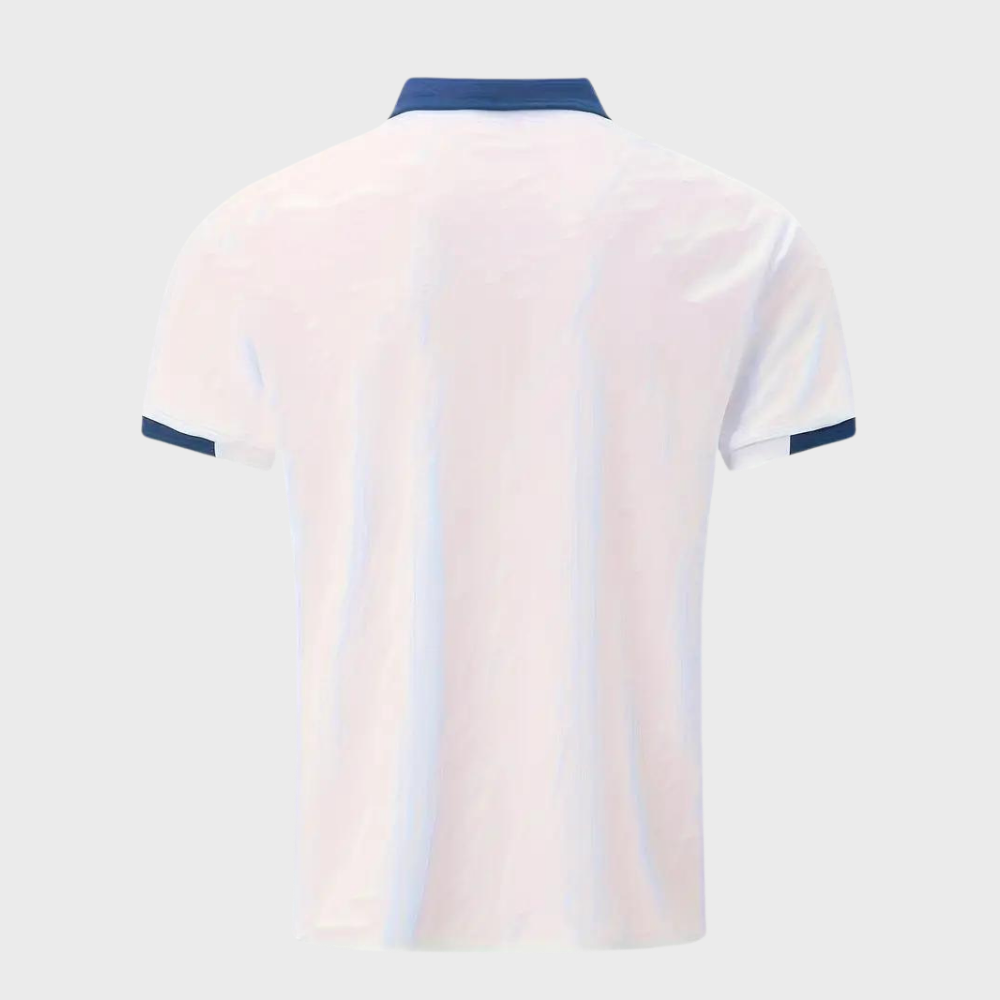 Group of men's breathable classic polo shirts on hangers, short sleeve, polyester, summer collection