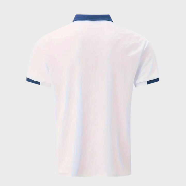 Group of men's breathable classic polo shirts on hangers, short sleeve, polyester, summer collection