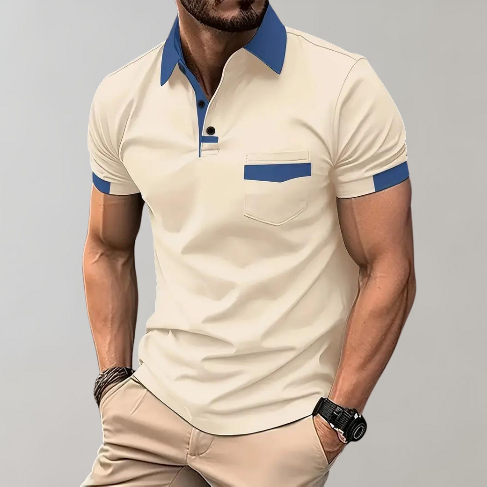 Front view of a men's breathable classic polo shirt, short sleeve, made of polyester for summer