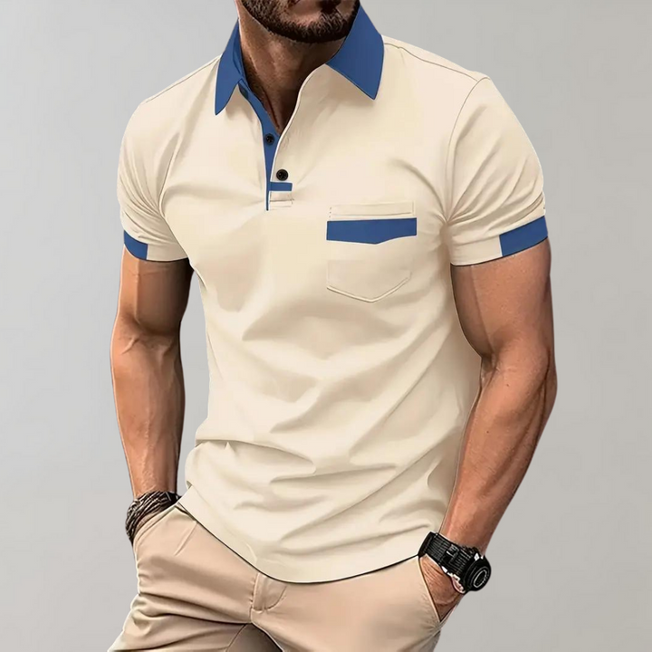 Front view of a men's breathable classic polo shirt, short sleeve, made of polyester for summer