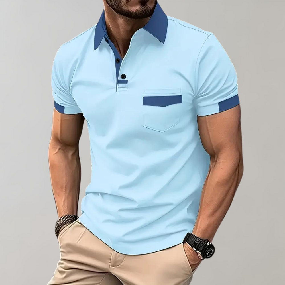 Close-up of the breathable polyester fabric on a men's classic polo shirt, perfect for summer