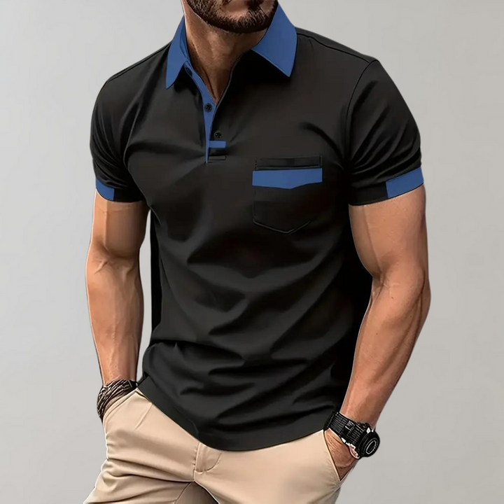 Side view of a man wearing a new classic breathable short sleeve polo shirt, polyester, summer style