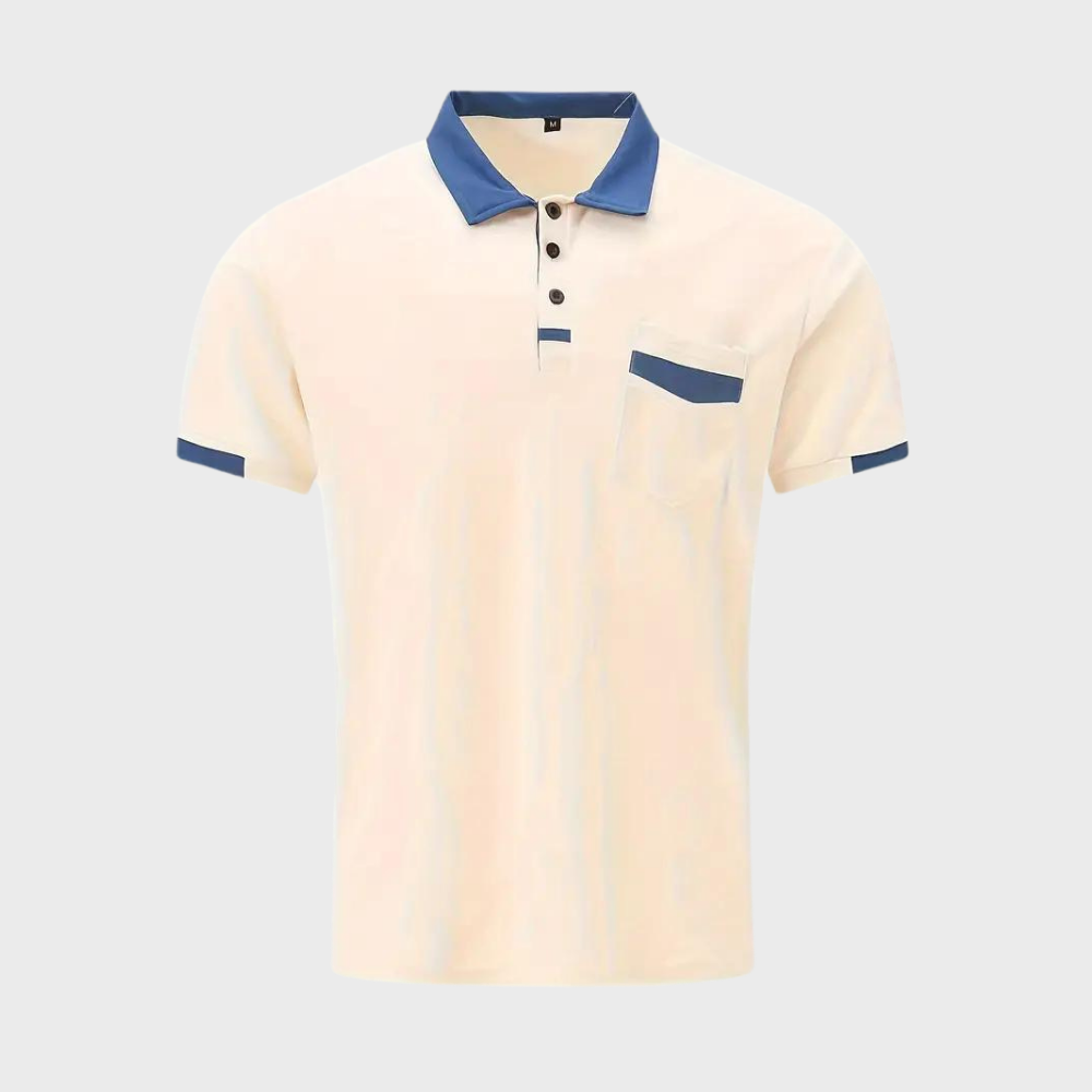 Detail of the collar and buttons on a men's classic breathable polo shirt, polyester, short sleeve