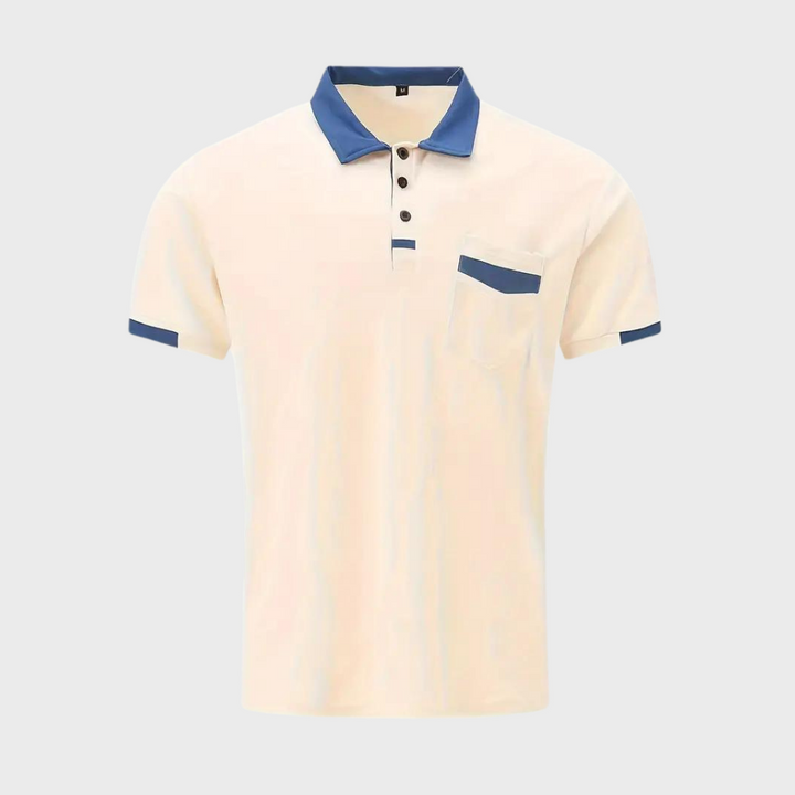 Detail of the collar and buttons on a men's classic breathable polo shirt, polyester, short sleeve