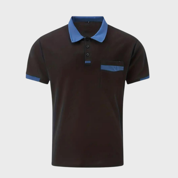 Back view of a men's new classic short sleeve polo shirt, breathable polyester material, summer wear