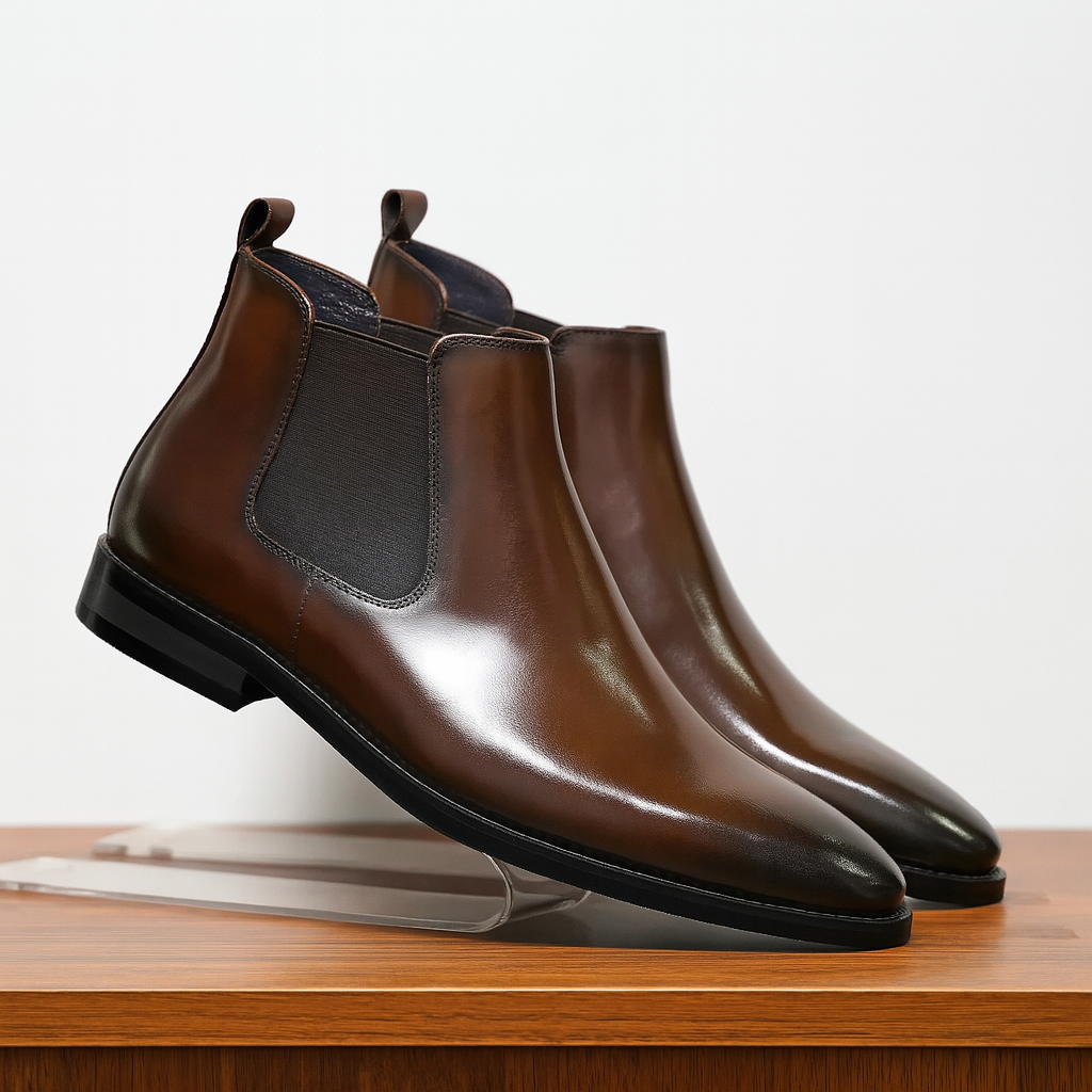Men's classic brown Chelsea boots; versatile slip-on ankle boots for timeless style & comfort. Formal & casual footwear.