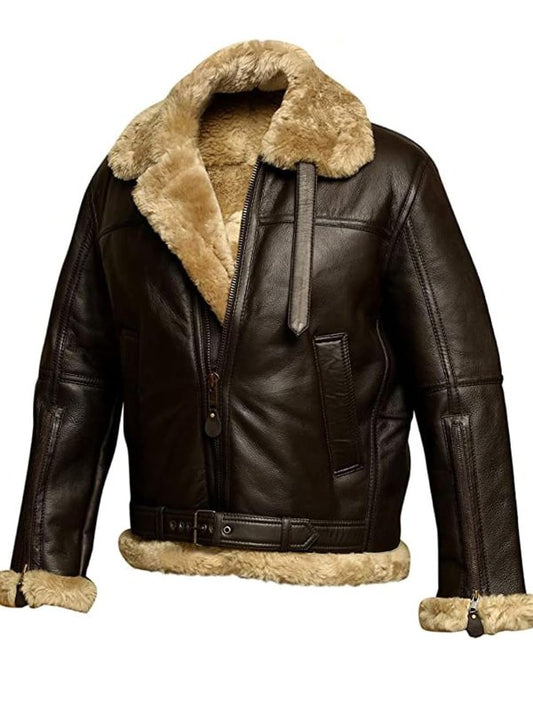 Men's classic brown leather jacket for fall and winter, featuring a warm, elegant design.