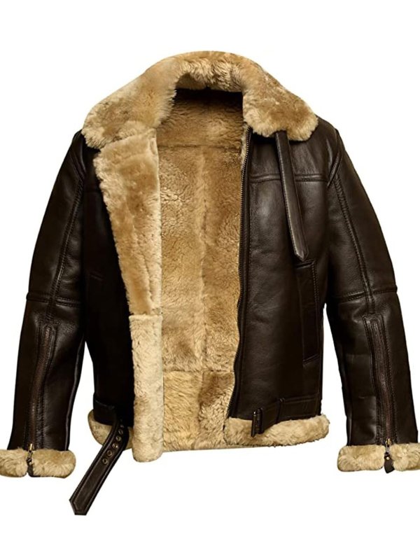 Fashionable men's black leather jacket, warm outerwear for cold weather.