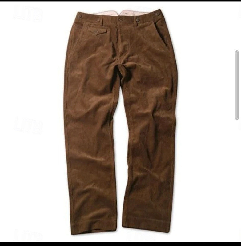 Textured brown men's pleated trousers, versatile for formal or smart casual fashion, with suspenders.