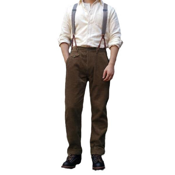 Classic men's brown dress pants featuring pleats & adjustable suspenders, epitomizing elegant menswear.